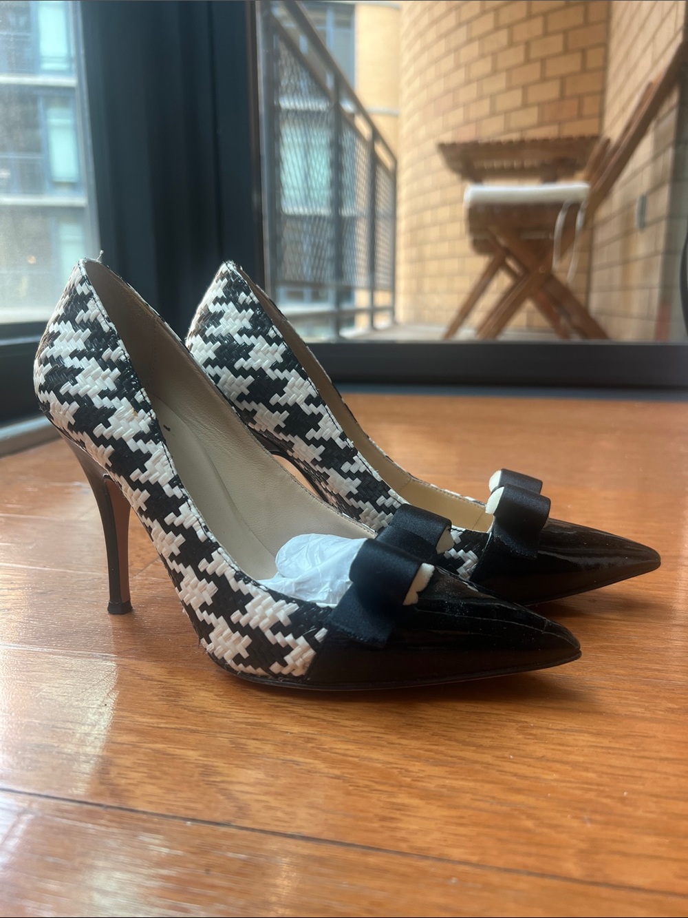 Kate Spade Classic Black & White Houndstooth Pointed-Toe Pumps with Bow